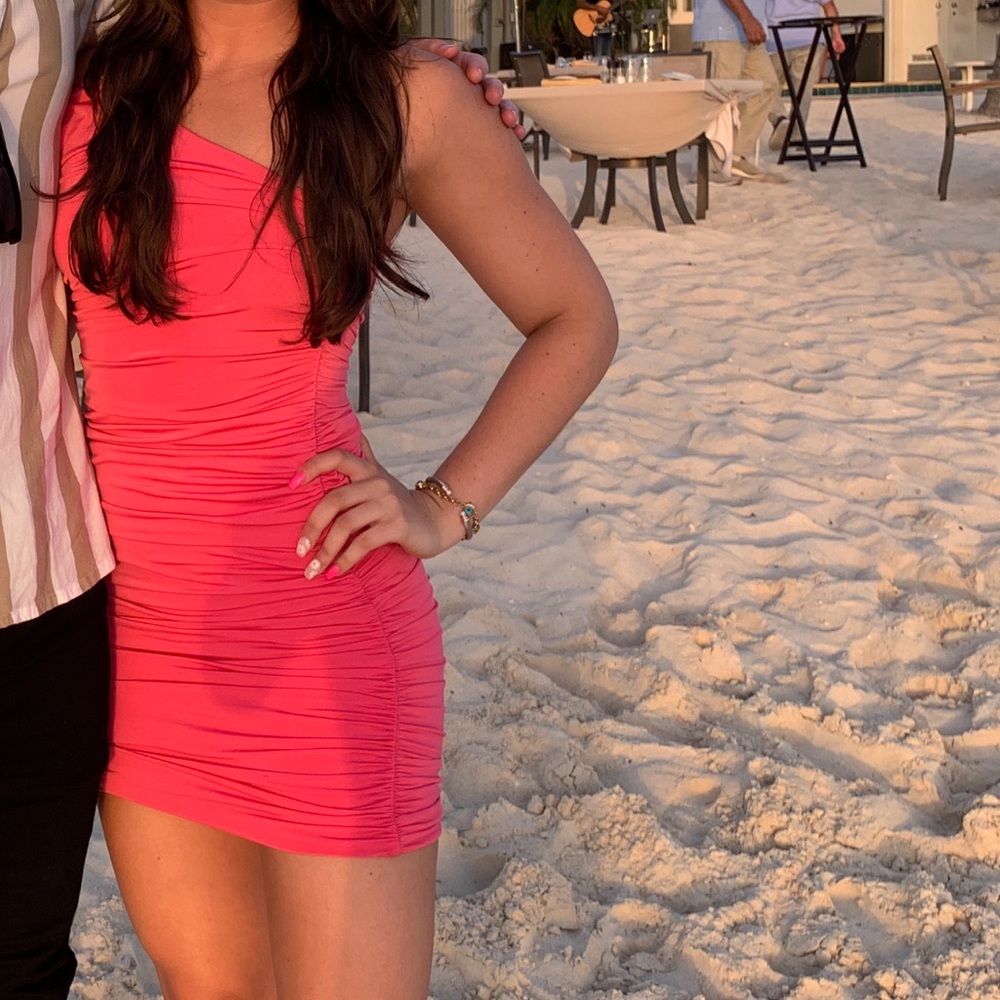 One shoulder bodycon Pink Dress- ruched detailing size US2